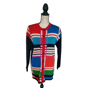 Vintage Liz Claiborne Collection Blue Color Block Merino Wool Cardigan Sweater S